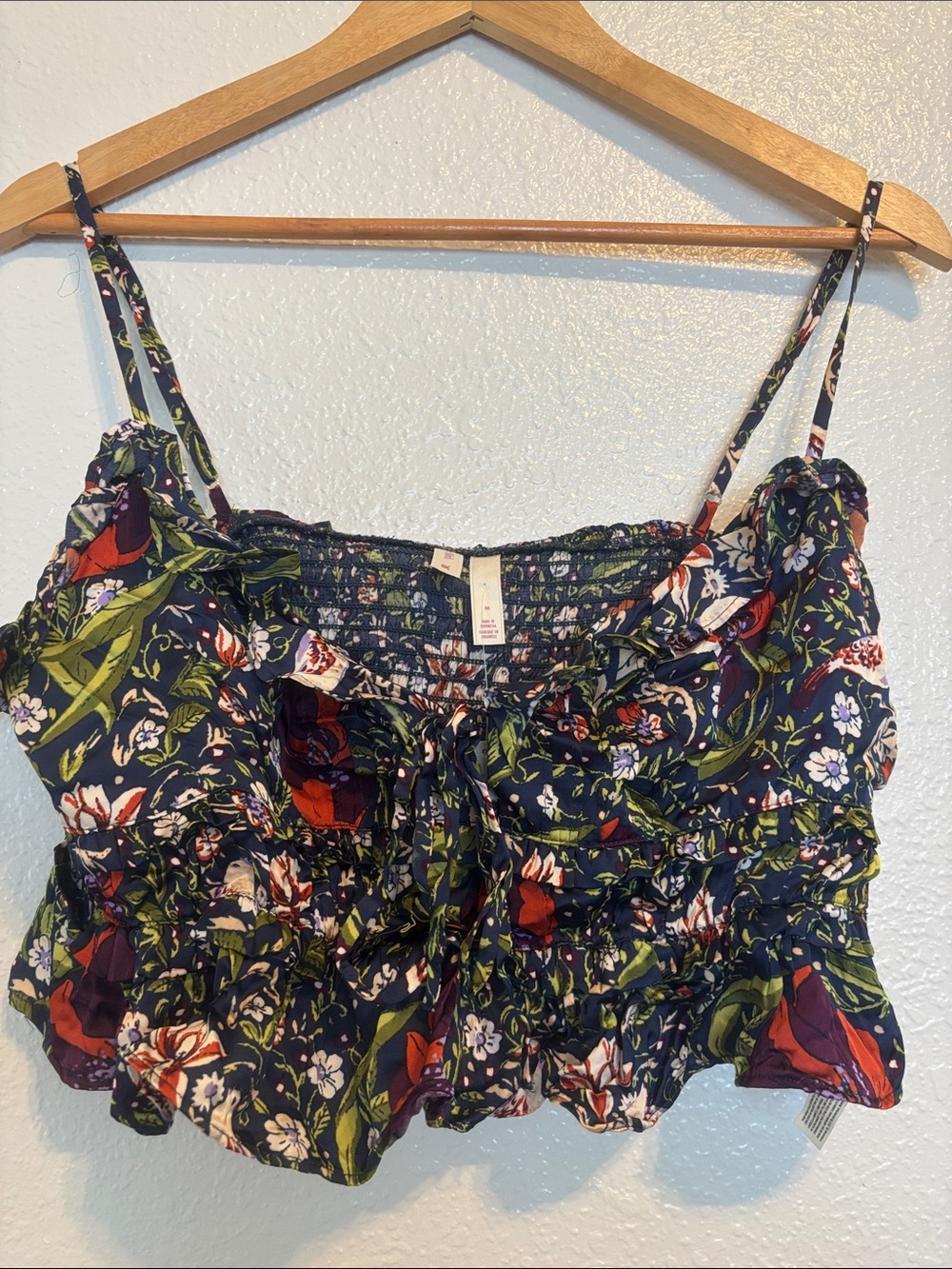 Anthropologie Navy Floral Smocked Cropped Cami with Ruffle Trim